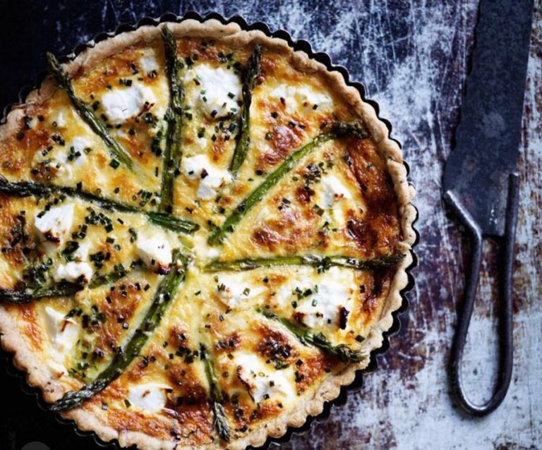 Zucchini goats cheese and asparagus tart with chia pastry Simmone Logue